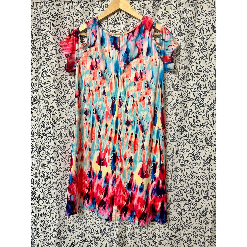 Bluetime Womens Tie Dye Cold Shoulder Knee Length Dress Multi Color Y2K Size M - Picture 5 of 7